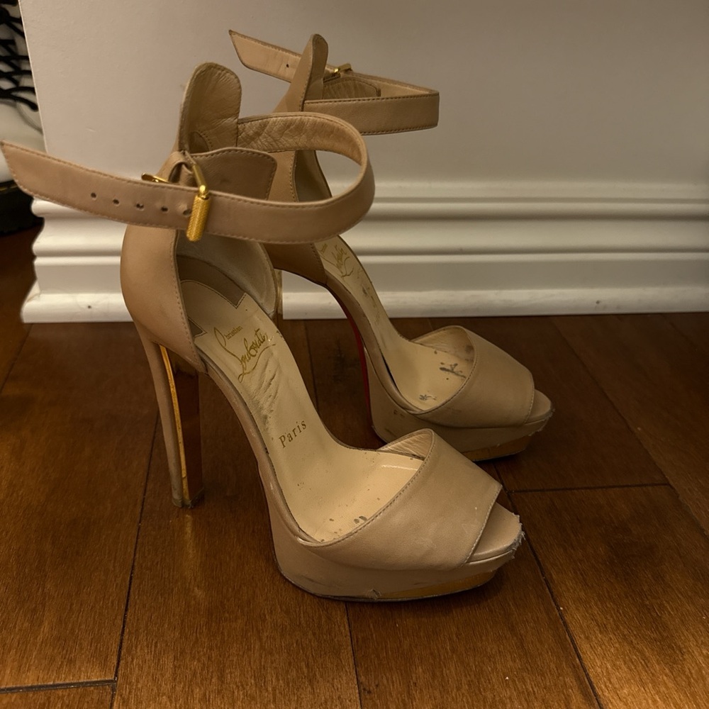 Christian Louboutin Tan Stiletto Heels with Ankle Strap